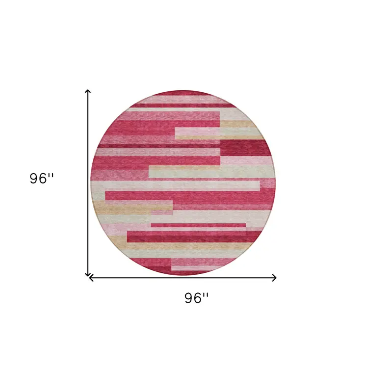 8' Blush Pink And Mauve Round Striped Washable Indoor Outdoor Area Rug