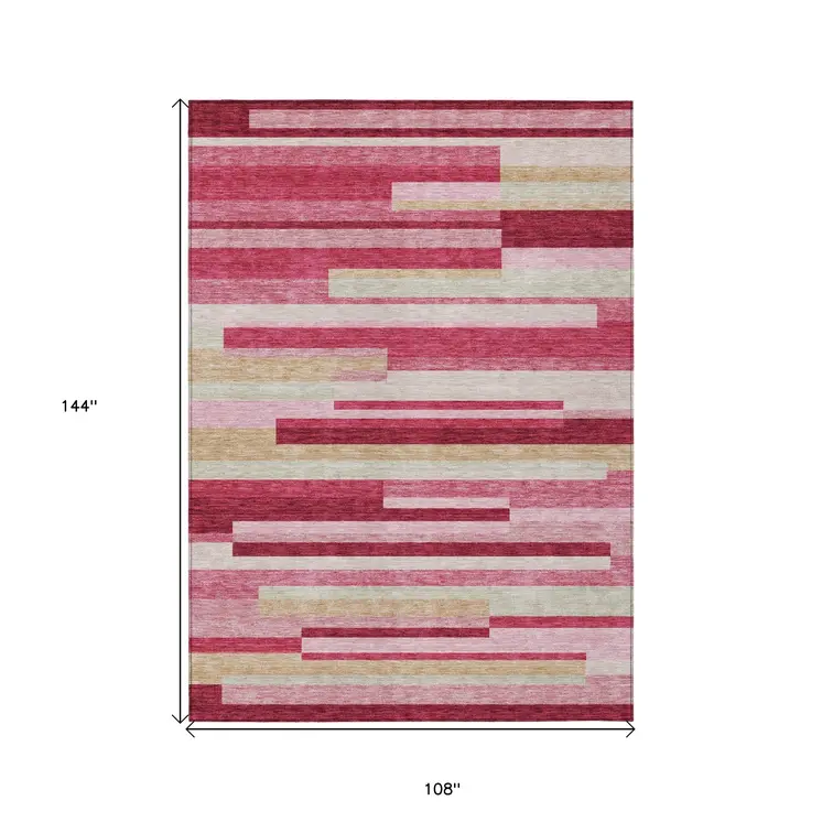 9' X 12' Blush Pink And Mauve Striped Washable Indoor Outdoor Area Rug
