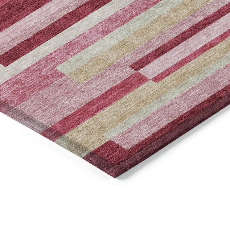 9' X 12' Blush Pink And Mauve Striped Washable Indoor Outdoor Area Rug