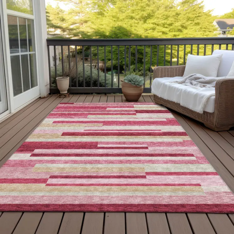 10' X 14' Blush Pink And Mauve Striped Washable Indoor Outdoor Area Rug