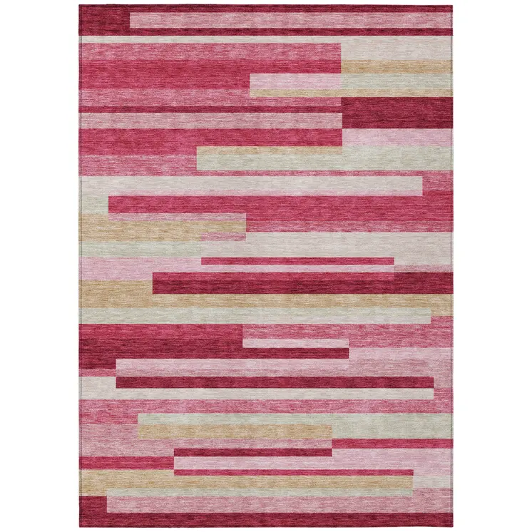 10' X 14' Blush Pink And Mauve Striped Washable Indoor Outdoor Area Rug