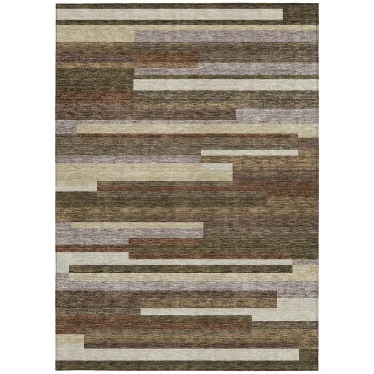 10' X 14' Brown Beige And Copper Striped Washable Indoor Outdoor Area Rug