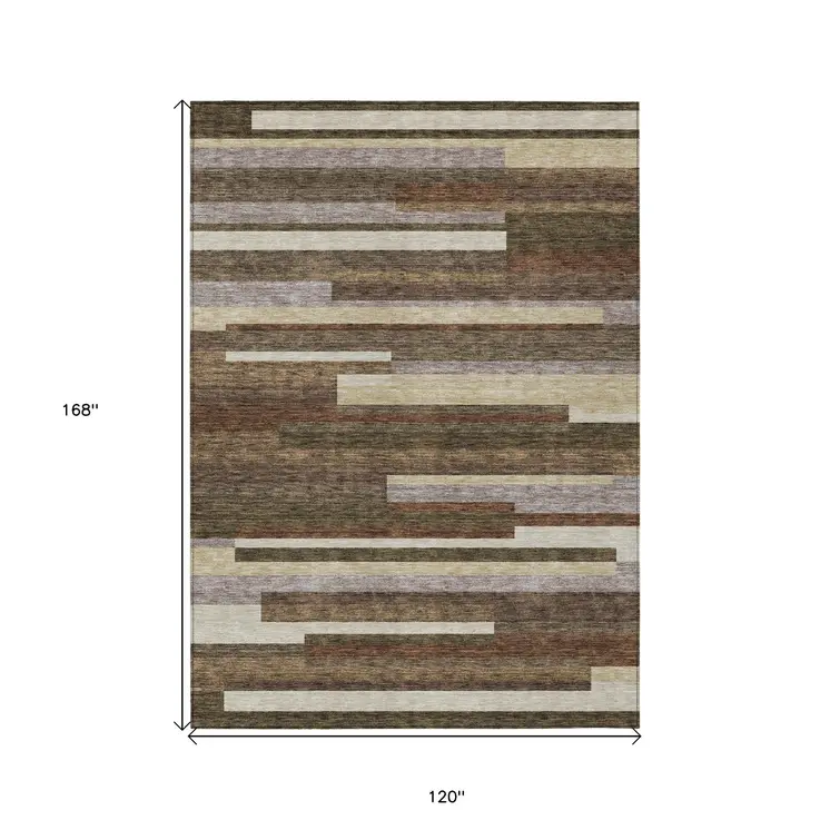 10' X 14' Brown Beige And Copper Striped Washable Indoor Outdoor Area Rug