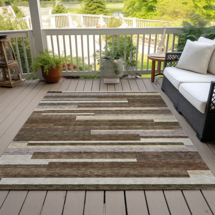 10' X 14' Brown Beige And Copper Striped Washable Indoor Outdoor Area Rug