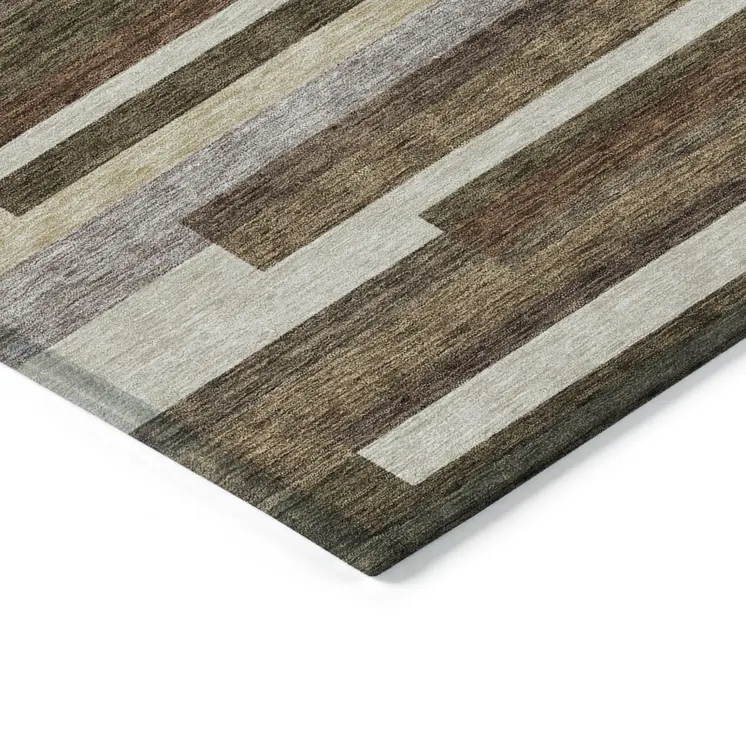 10' X 14' Brown Beige And Copper Striped Washable Indoor Outdoor Area Rug