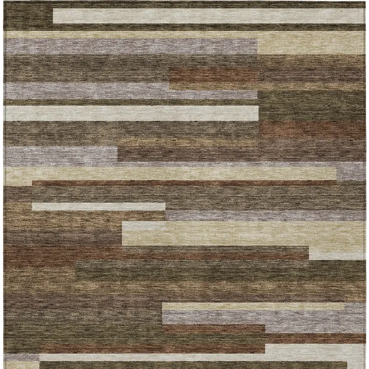 10' X 14' Brown Beige And Copper Striped Washable Indoor Outdoor Area Rug