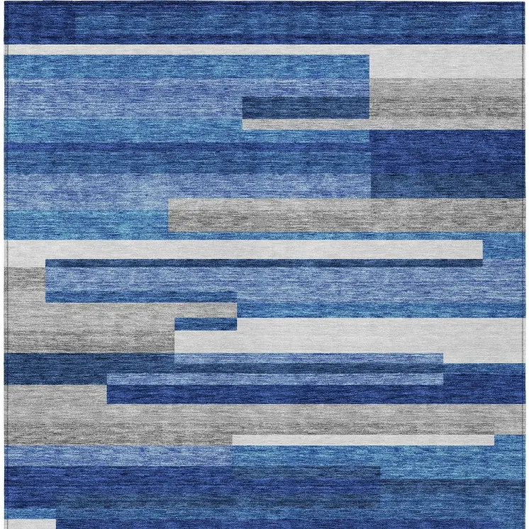 5' X 8' Navy Blue And Denim Blue Striped Washable Indoor Outdoor Area Rug