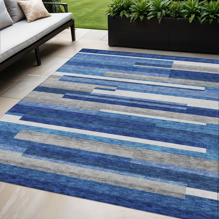 5' X 8' Navy Blue And Denim Blue Striped Washable Indoor Outdoor Area Rug