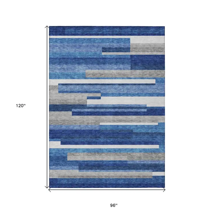 8' X 10' Navy Blue And Denim Blue Striped Washable Indoor Outdoor Area Rug