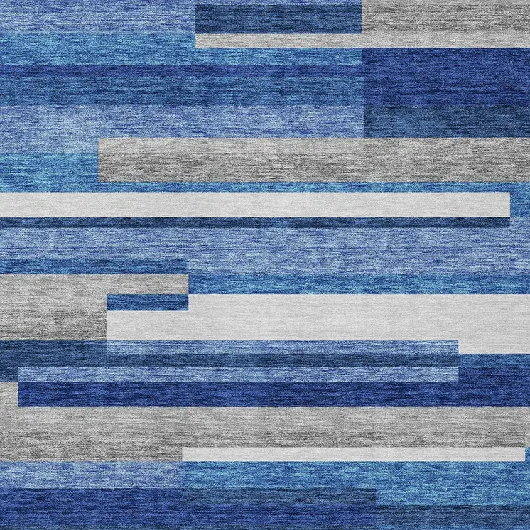 9' X 12' Navy Blue And Denim Blue Striped Washable Indoor Outdoor Area Rug