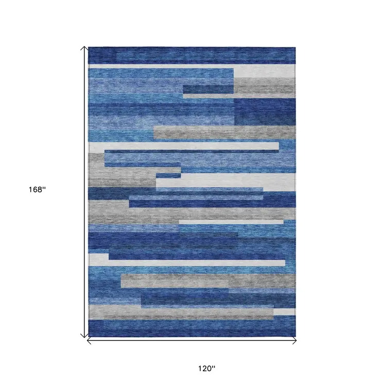 10' X 14' Navy Blue And Denim Blue Striped Washable Indoor Outdoor Area Rug