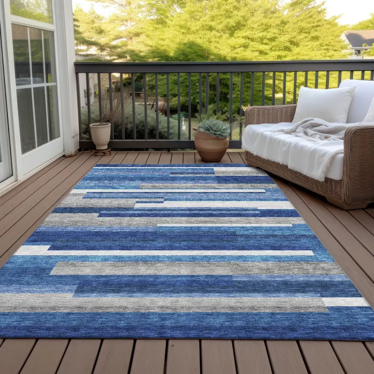 10' X 14' Navy Blue And Denim Blue Striped Washable Indoor Outdoor Area Rug