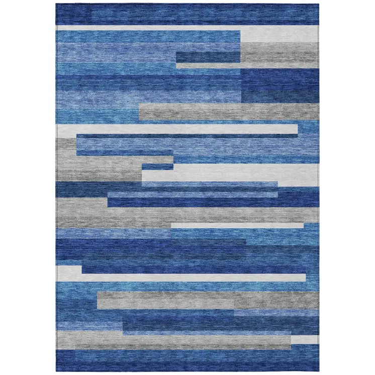 10' X 14' Navy Blue And Denim Blue Striped Washable Indoor Outdoor Area Rug