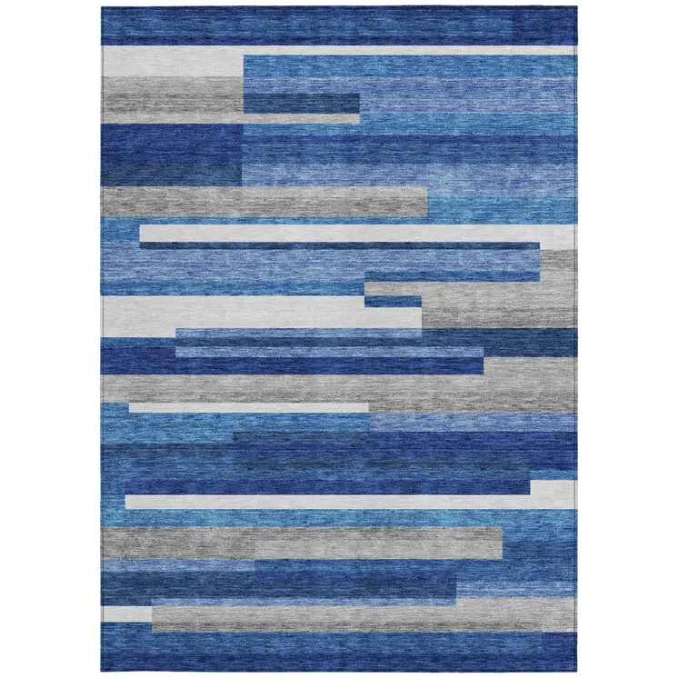 10' X 14' Navy Blue And Denim Blue Striped Washable Indoor Outdoor Area Rug