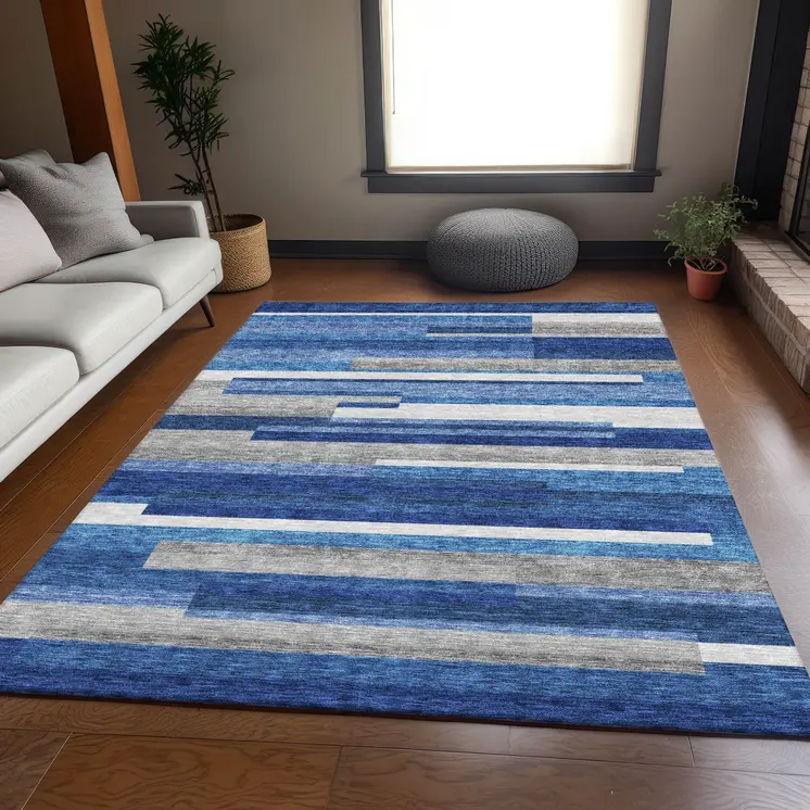 10' X 14' Navy Blue And Denim Blue Striped Washable Indoor Outdoor Area Rug