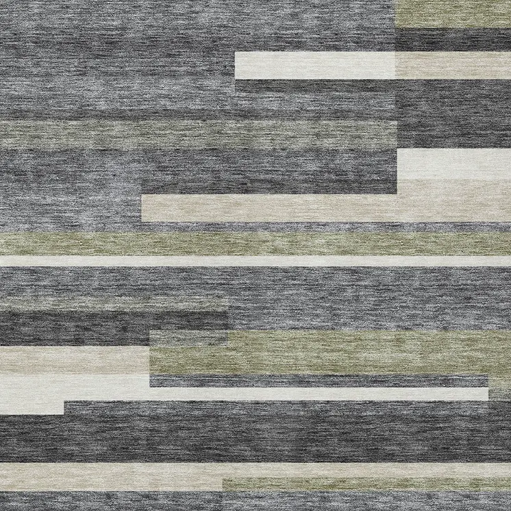 3' X 5' Charcoal Gray And Silver Striped Washable Indoor Outdoor Area Rug
