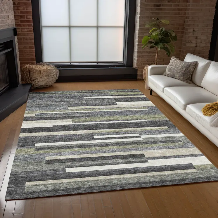 3' X 5' Charcoal Gray And Silver Striped Washable Indoor Outdoor Area Rug