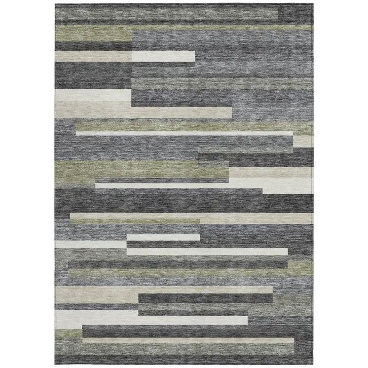 5' X 8' Charcoal Gray And Silver Striped Washable Indoor Outdoor Area Rug