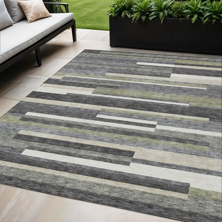 5' X 8' Charcoal Gray And Silver Striped Washable Indoor Outdoor Area Rug