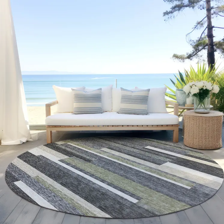 8' Charcoal Gray And Silver Round Striped Washable Indoor Outdoor Area Rug