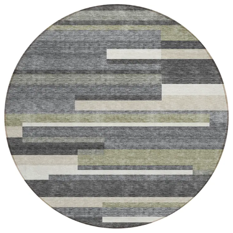 8' Charcoal Gray And Silver Round Striped Washable Indoor Outdoor Area Rug