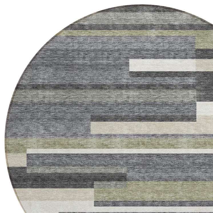 8' Charcoal Gray And Silver Round Striped Washable Indoor Outdoor Area Rug
