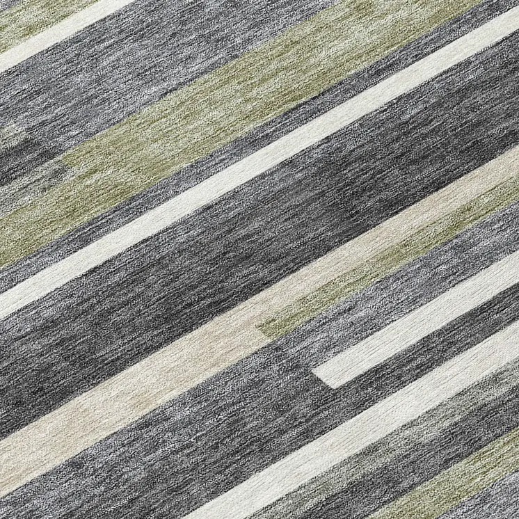 8' Charcoal Gray And Silver Round Striped Washable Indoor Outdoor Area Rug