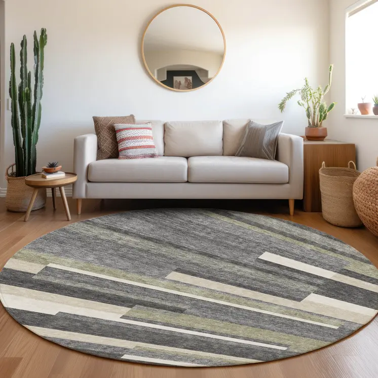 8' Charcoal Gray And Silver Round Striped Washable Indoor Outdoor Area Rug