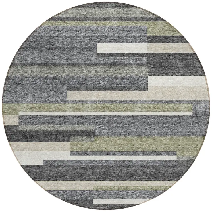 8' Charcoal Gray And Silver Round Striped Washable Indoor Outdoor Area Rug