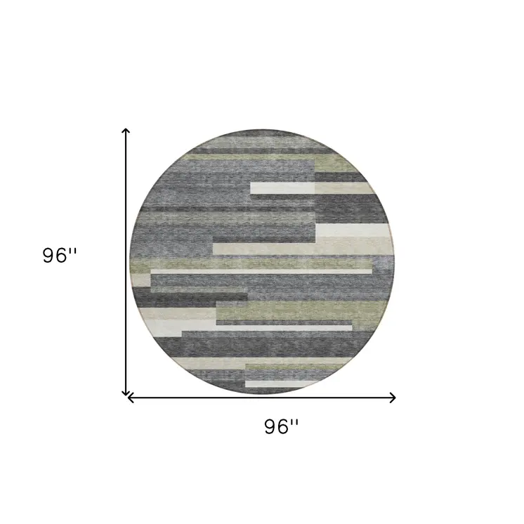 8' Charcoal Gray And Silver Round Striped Washable Indoor Outdoor Area Rug