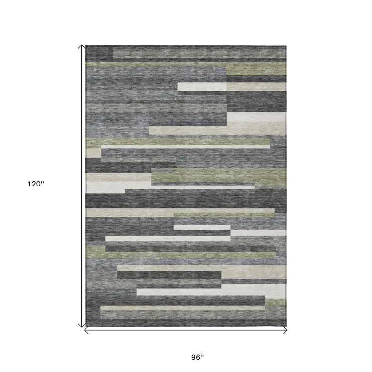 8' X 10' Charcoal Gray And Silver Striped Washable Indoor Outdoor Area Rug