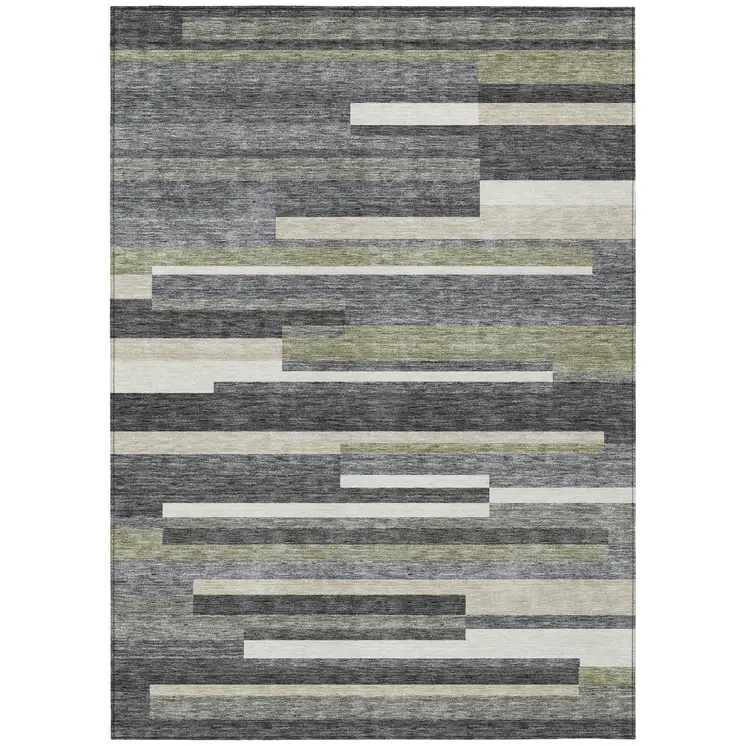 8' X 10' Charcoal Gray And Silver Striped Washable Indoor Outdoor Area Rug