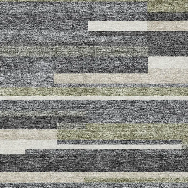 8' X 10' Charcoal Gray And Silver Striped Washable Indoor Outdoor Area Rug