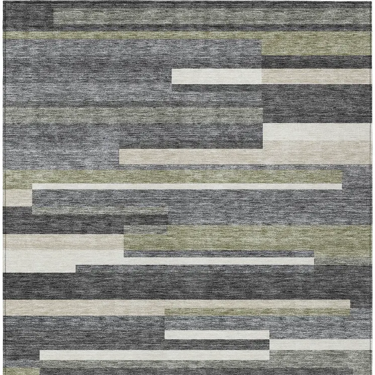 9' X 12' Charcoal Gray And Silver Striped Washable Indoor Outdoor Area Rug