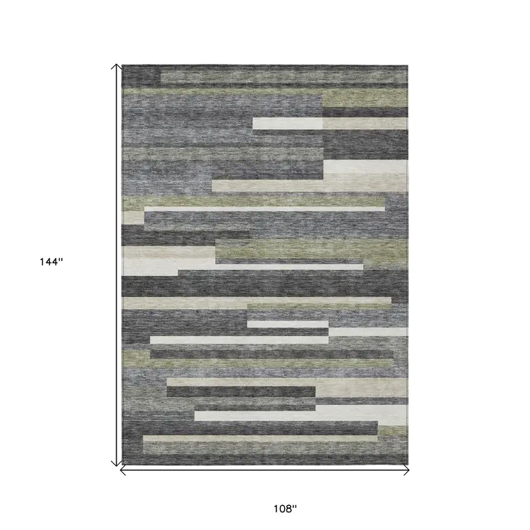 9' X 12' Charcoal Gray And Silver Striped Washable Indoor Outdoor Area Rug