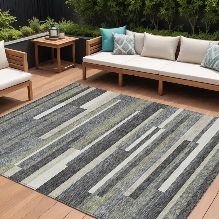 9' X 12' Charcoal Gray And Silver Striped Washable Indoor Outdoor Area Rug