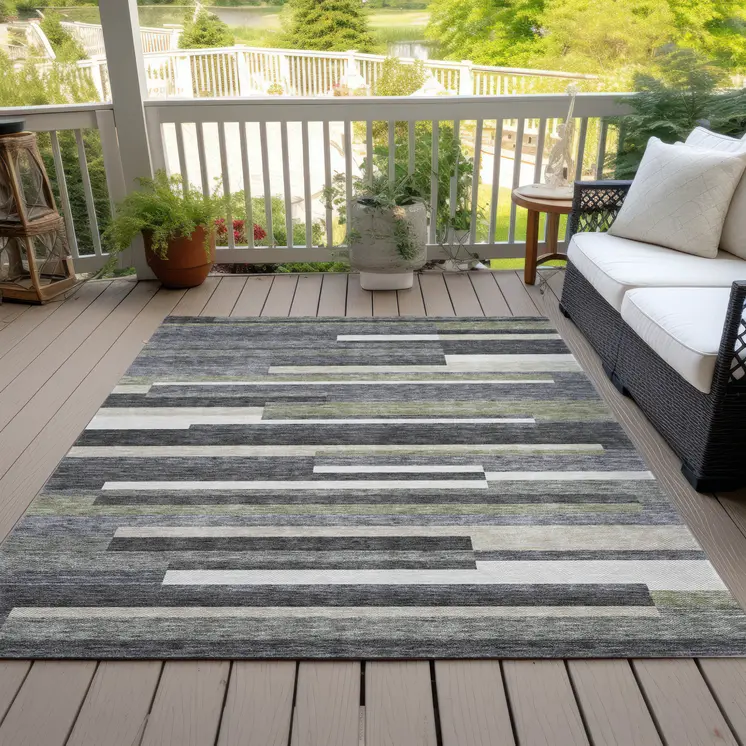 9' X 12' Charcoal Gray And Silver Striped Washable Indoor Outdoor Area Rug