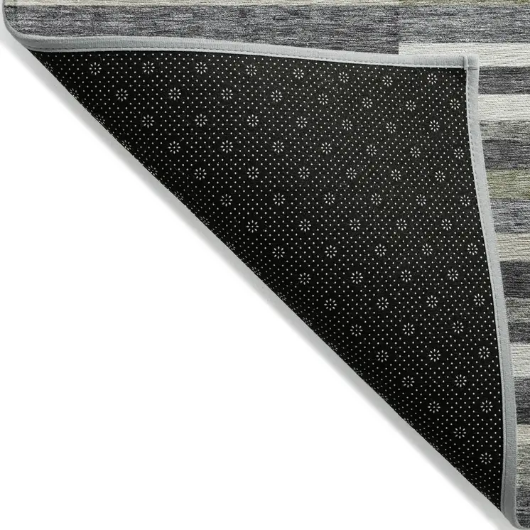 9' X 12' Charcoal Gray And Silver Striped Washable Indoor Outdoor Area Rug