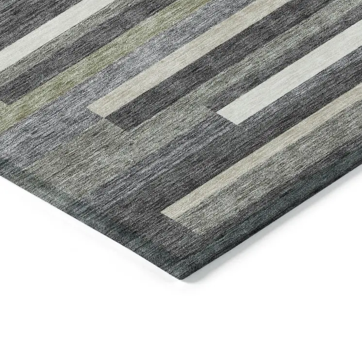 9' X 12' Charcoal Gray And Silver Striped Washable Indoor Outdoor Area Rug