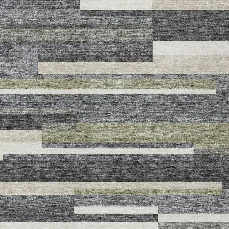 9' X 12' Charcoal Gray And Silver Striped Washable Indoor Outdoor Area Rug