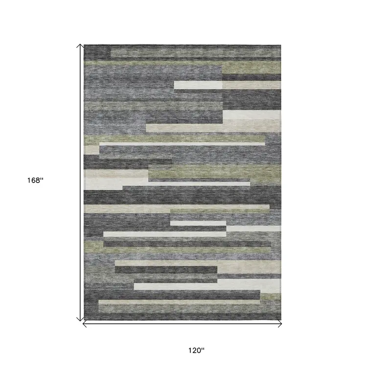 10' X 14' Charcoal Gray And Silver Striped Washable Indoor Outdoor Area Rug