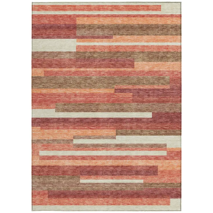 3' X 5' Coral Peach And Taupe Striped Washable Indoor Outdoor Area Rug