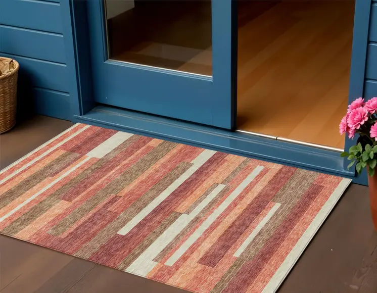 3' X 5' Coral Peach And Taupe Striped Washable Indoor Outdoor Area Rug