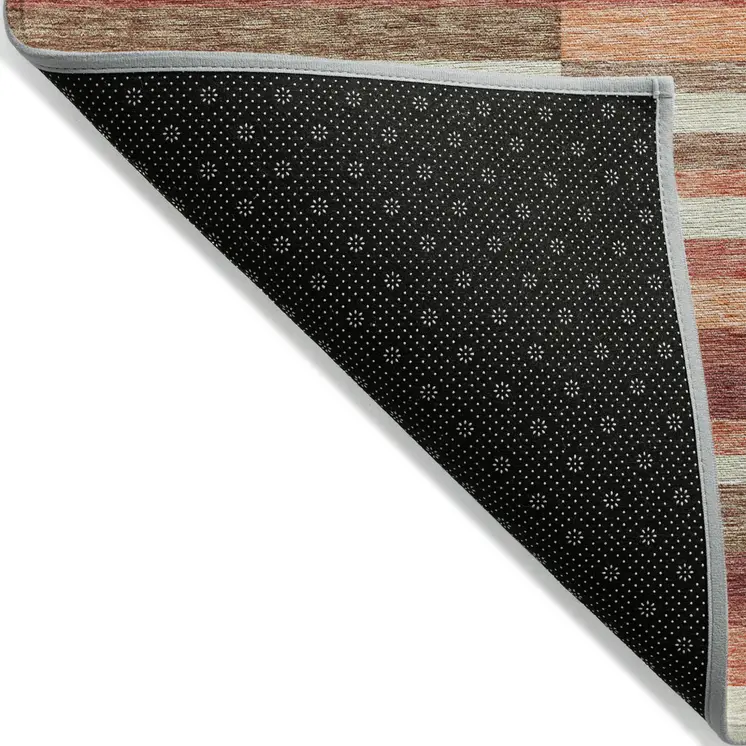 3' X 5' Coral Peach And Taupe Striped Washable Indoor Outdoor Area Rug