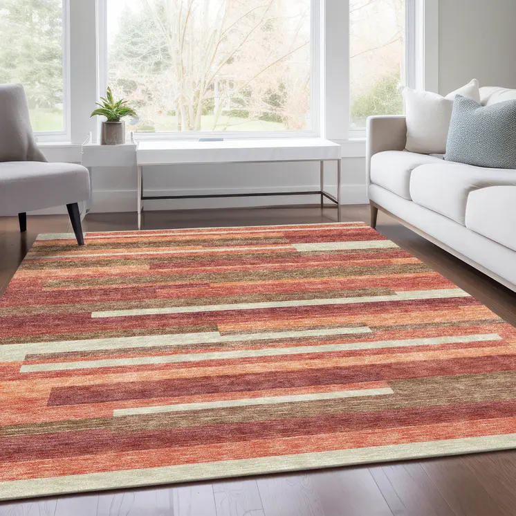 3' X 5' Coral Peach And Taupe Striped Washable Indoor Outdoor Area Rug