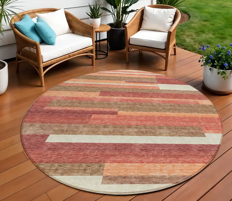 8' Coral Peach And Taupe Round Striped Washable Indoor Outdoor Area Rug