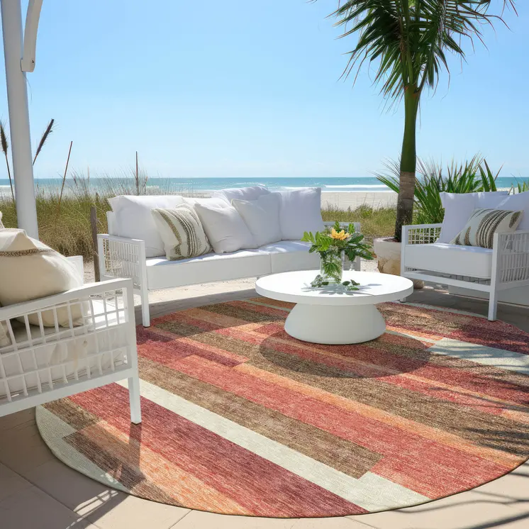 8' Coral Peach And Taupe Round Striped Washable Indoor Outdoor Area Rug