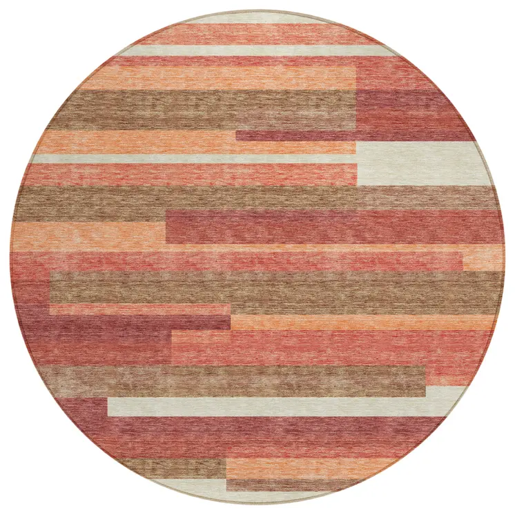 8' Coral Peach And Taupe Round Striped Washable Indoor Outdoor Area Rug