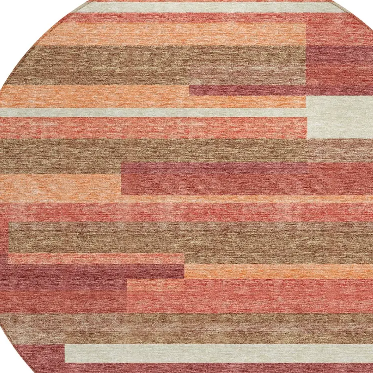 8' Coral Peach And Taupe Round Striped Washable Indoor Outdoor Area Rug