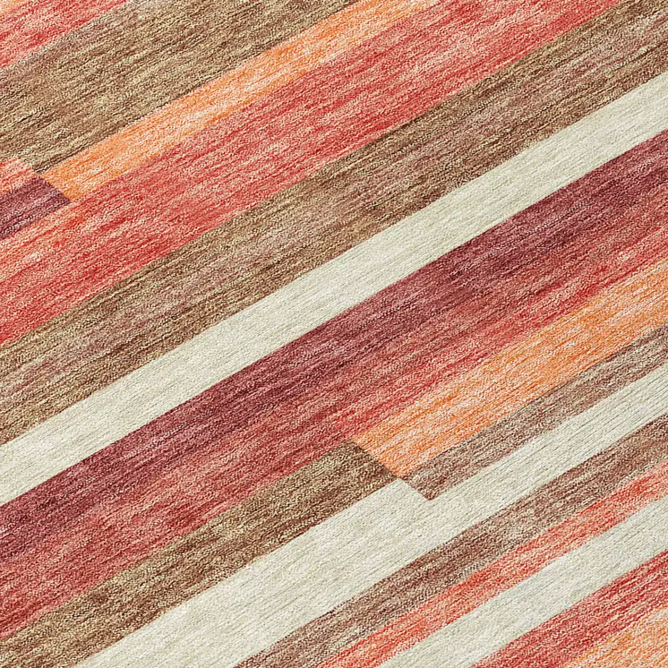 8' Coral Peach And Taupe Round Striped Washable Indoor Outdoor Area Rug